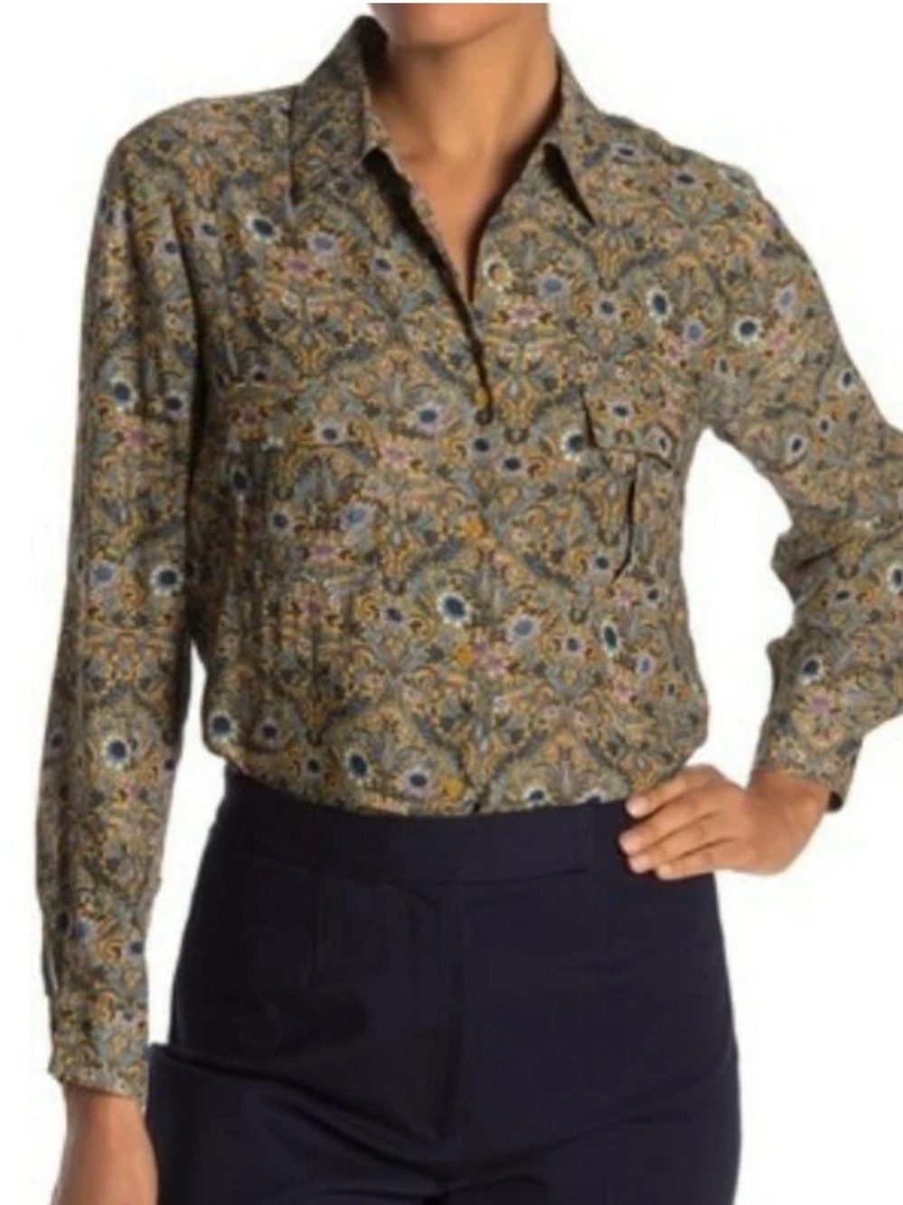Pleione Olive and Navy Floral Paisley Button-Down Blouse
